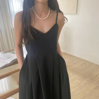 Spaghetti Strap V-Neck Plain Lace Trim Pleated Midi A-Line Dress
