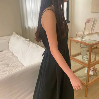 Spaghetti Strap V-Neck Plain Lace Trim Pleated Midi A-Line Dress