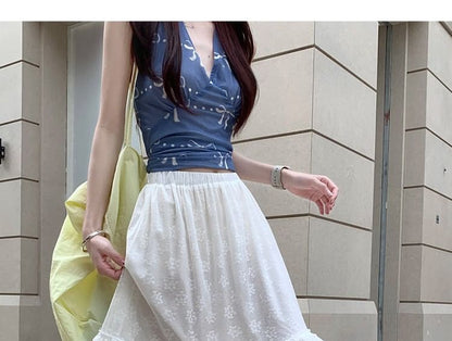 High Waist Plain Ruffle Panel Lace Maxi A-Line Skirt