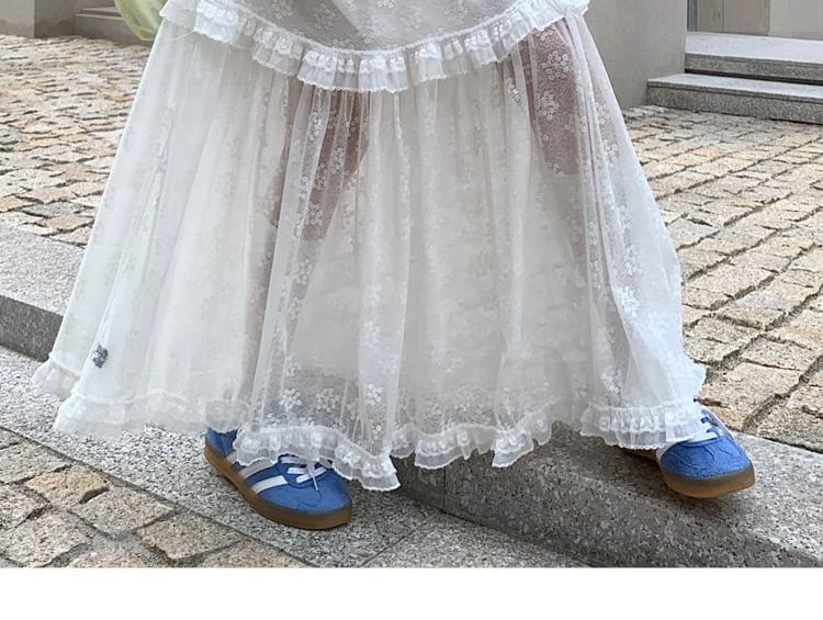 High Waist Plain Ruffle Panel Lace Maxi A-Line Skirt