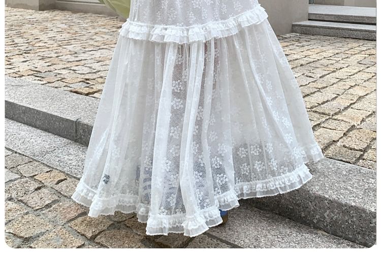 High Waist Plain Ruffle Panel Lace Maxi A-Line Skirt