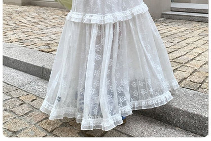 High Waist Plain Ruffle Panel Lace Maxi A-Line Skirt