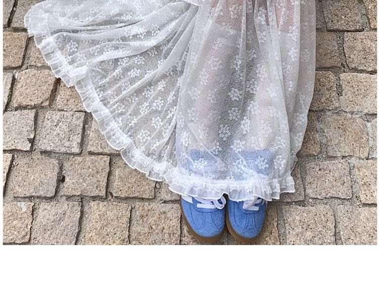 High Waist Plain Ruffle Panel Lace Maxi A-Line Skirt