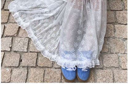 High Waist Plain Ruffle Panel Lace Maxi A-Line Skirt