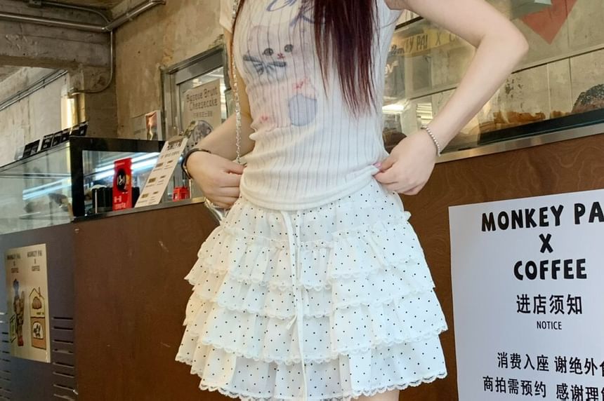High Waist Micro Dotted Tiered Lace Trim Mini A-Line Skirt