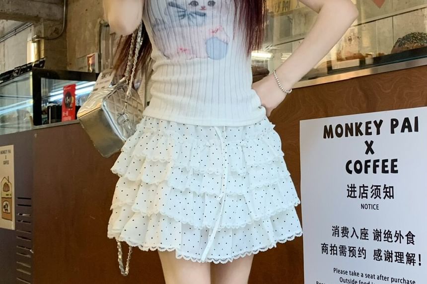 High Waist Micro Dotted Tiered Lace Trim Mini A-Line Skirt