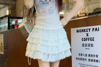 High Waist Micro Dotted Tiered Lace Trim Mini A-Line Skirt