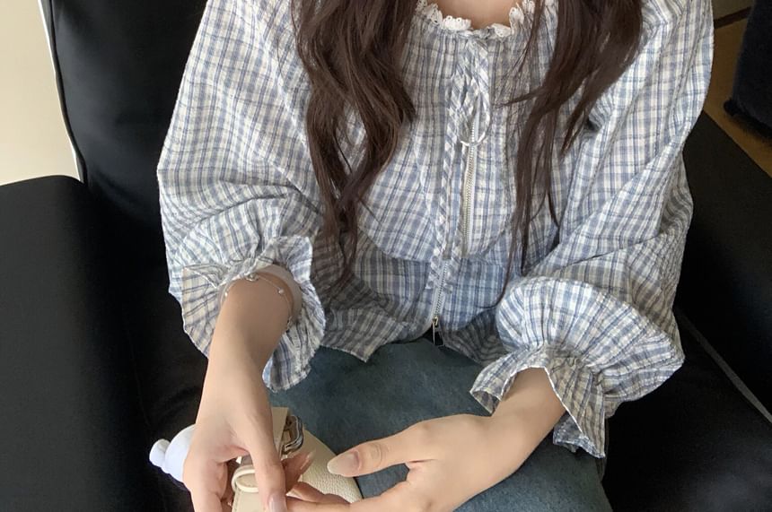 Long Sleeve Round Neck Plaid Lace Trim Tie Front Zip Blouse
