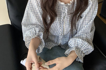 Long Sleeve Round Neck Plaid Lace Trim Tie Front Zip Blouse