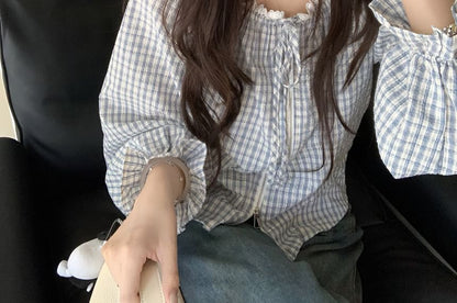 Long Sleeve Round Neck Plaid Lace Trim Tie Front Zip Blouse