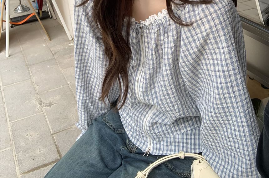 Long Sleeve Round Neck Plaid Lace Trim Tie Front Zip Blouse