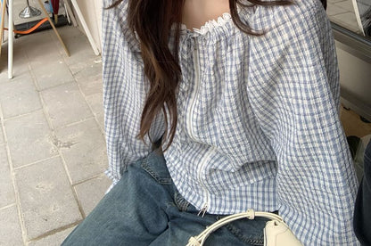 Long Sleeve Round Neck Plaid Lace Trim Tie Front Zip Blouse