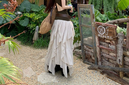 Round Neck Plain Cutout Back Tank Top / High Waist Plain Ruffle Asymmetrical Maxi A-Line Skirt / Studded Belt / Set