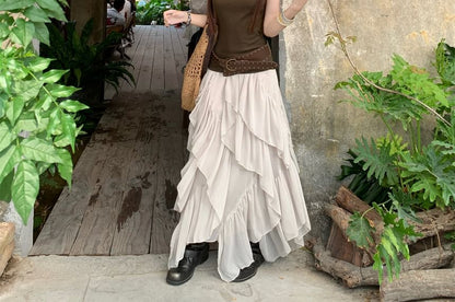 Round Neck Plain Cutout Back Tank Top / High Waist Plain Ruffle Asymmetrical Maxi A-Line Skirt / Studded Belt / Set