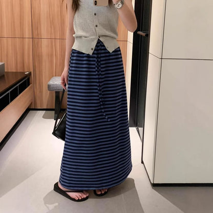 Drawstring Waist Striped Maxi A-Line Skirt