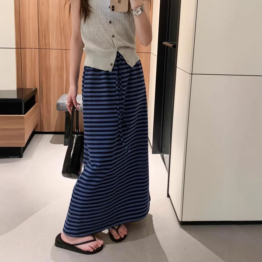 Drawstring Waist Striped Maxi A-Line Skirt
