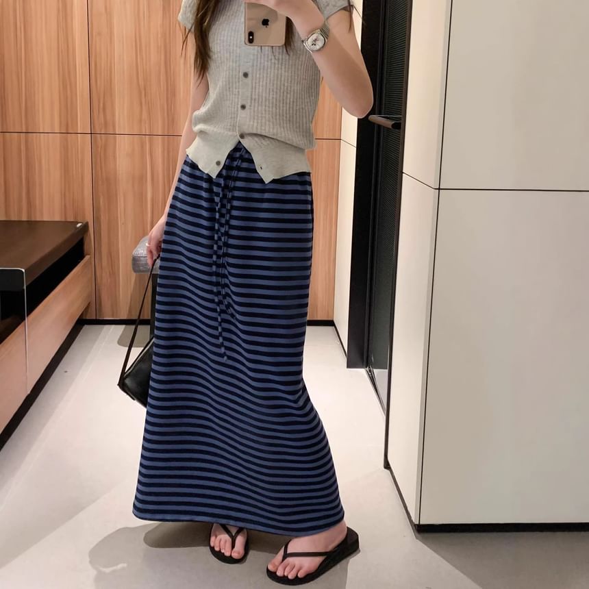 Drawstring Waist Striped Maxi A-Line Skirt