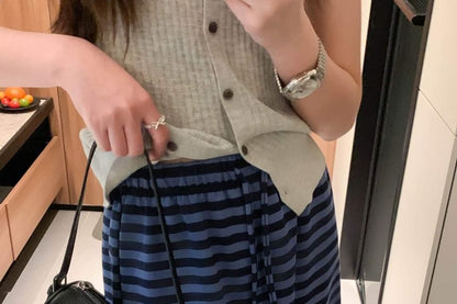 Drawstring Waist Striped Maxi A-Line Skirt