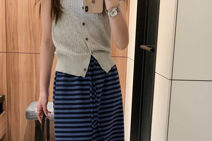 Drawstring Waist Striped Maxi A-Line Skirt