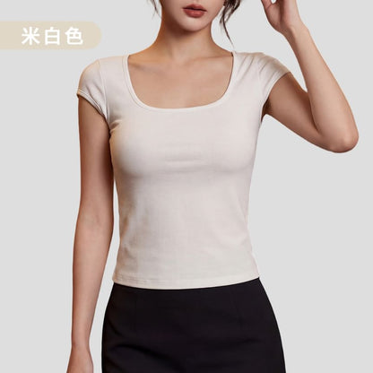 Short-Sleeve Scoop Neck Plain Lace Panel T-Shirt