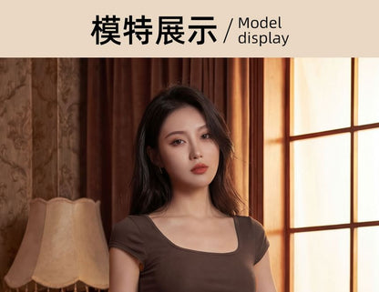 Short-Sleeve Scoop Neck Plain Lace Panel T-Shirt