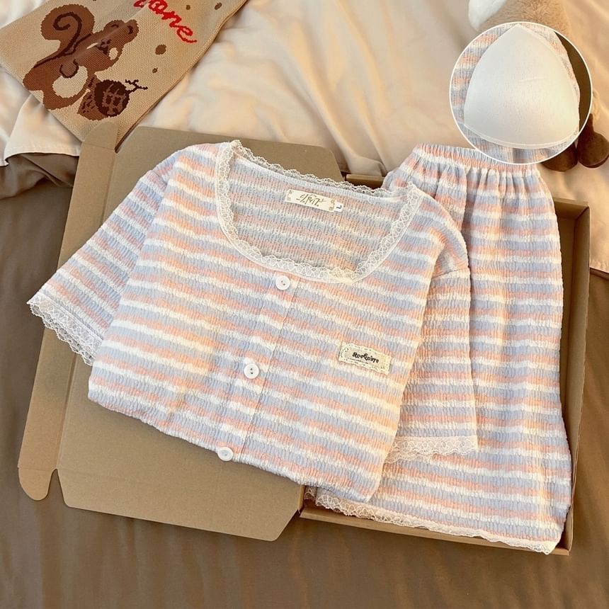Pajama Set: Short Sleeve Scoop Neck Striped Lace Trim Button Padded Top + Elastic Waist Shorts