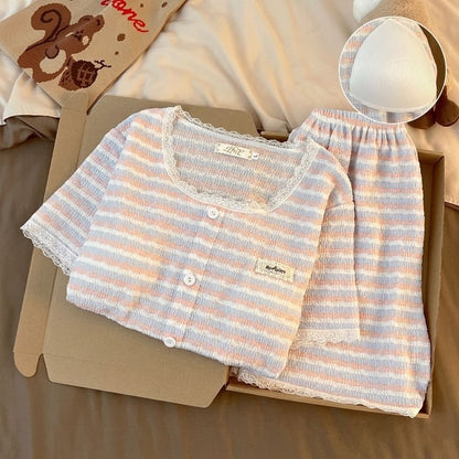Pajama Set: Short Sleeve Scoop Neck Striped Lace Trim Button Padded Top + Elastic Waist Shorts