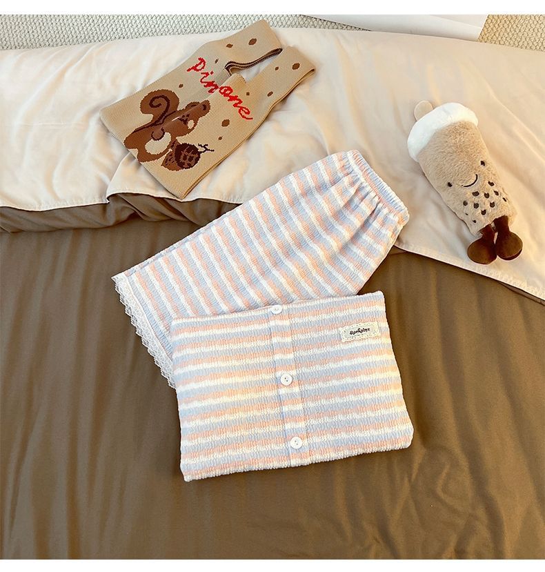 Pajama Set: Short Sleeve Scoop Neck Striped Lace Trim Button Padded Top + Elastic Waist Shorts