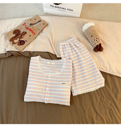 Pajama Set: Short Sleeve Scoop Neck Striped Lace Trim Button Padded Top + Elastic Waist Shorts
