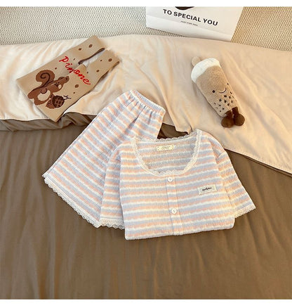 Pajama Set: Short Sleeve Scoop Neck Striped Lace Trim Button Padded Top + Elastic Waist Shorts