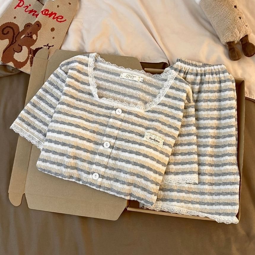 Pajama Set: Short Sleeve Scoop Neck Striped Lace Trim Button Padded Top + Elastic Waist Shorts