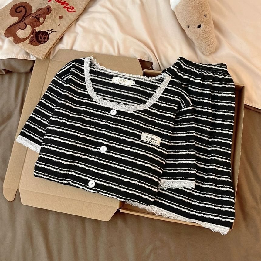 Pajama Set: Short Sleeve Scoop Neck Striped Lace Trim Button Padded Top + Elastic Waist Shorts