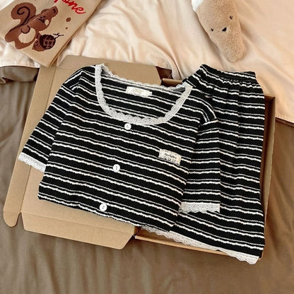 Pajama Set: Short Sleeve Scoop Neck Striped Lace Trim Button Padded Top + Elastic Waist Shorts