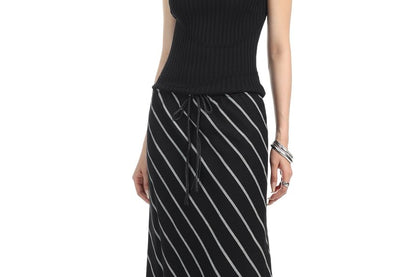 Drawstring Waist Diagonal Striped Maxi A-Line Skirt