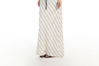 Drawstring Waist Diagonal Striped Maxi A-Line Skirt