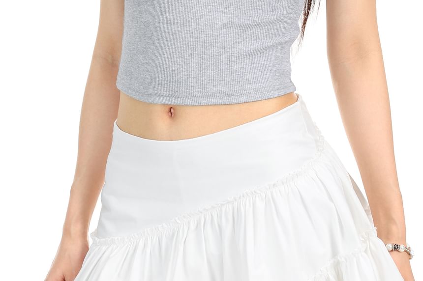 Mid Rise Plain Asymmetrical Ruffle Lace Trim Mini A-Line Skirt