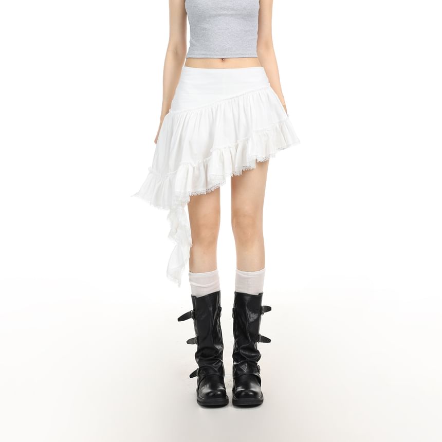 Mid Rise Plain Asymmetrical Ruffle Lace Trim Mini A-Line Skirt