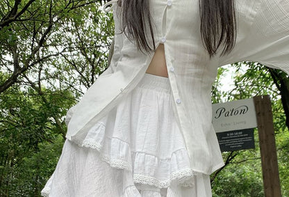 Elastic Waist Plain Lace Trim Mini A-Line Skirt