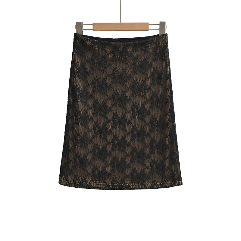 High Waist Lace Overlay Midi Pencil Skirt
