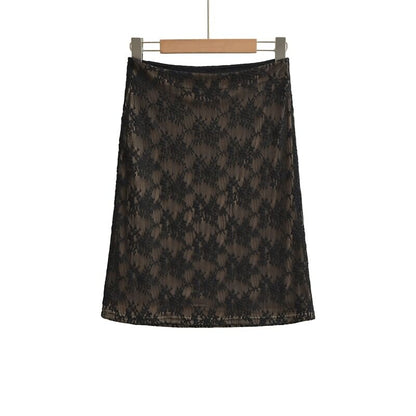 High Waist Lace Overlay Midi Pencil Skirt