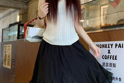 High Waist Plain Asymmetrical Lace Trim A-Line Skirt