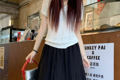 High Waist Plain Asymmetrical Lace Trim A-Line Skirt