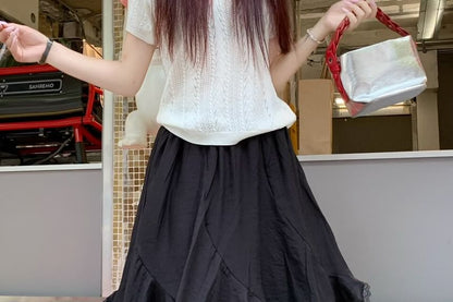 High Waist Plain Asymmetrical Lace Trim A-Line Skirt