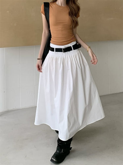 Mid Rise Plain Midi A-Line Skirt