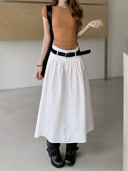 Mid Rise Plain Midi A-Line Skirt