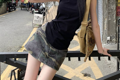 Crew Neck Plain Studded Tank Top / High Waist Camo Print Mini Pencil Skirt