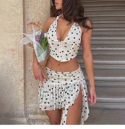 Halter Neck Dotted Crop Bustier Top / Mid Rise Mini A-Line Skirt