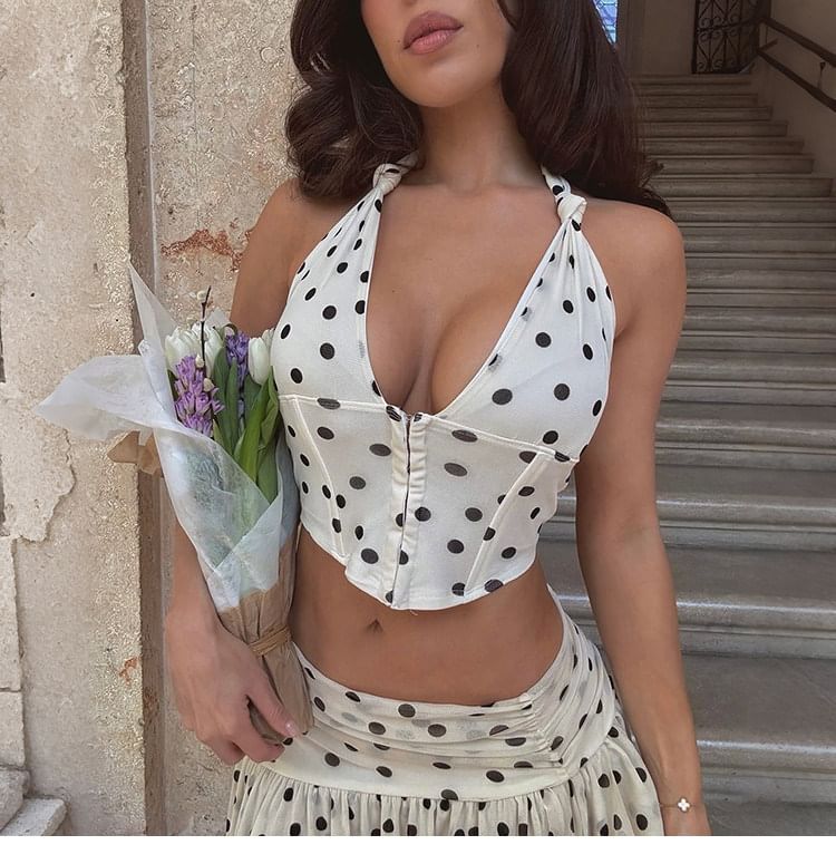 Halter Neck Dotted Crop Bustier Top / Mid Rise Mini A-Line Skirt