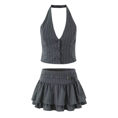 Halter V-Neck Pinstriped Button-Up Open Back Crop Vest / Mid Rise Layered Mini A-Line Skirt