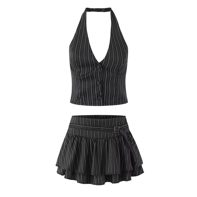 Halter V-Neck Pinstriped Button-Up Open Back Crop Vest / Mid Rise Layered Mini A-Line Skirt